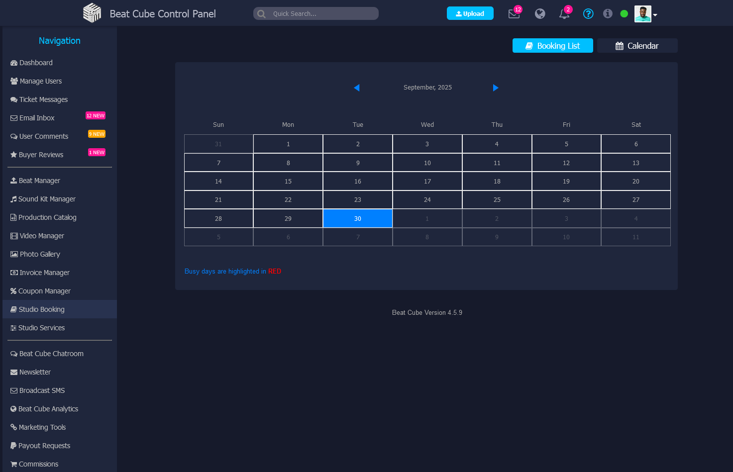Picture of Beat Cube's booking calendar