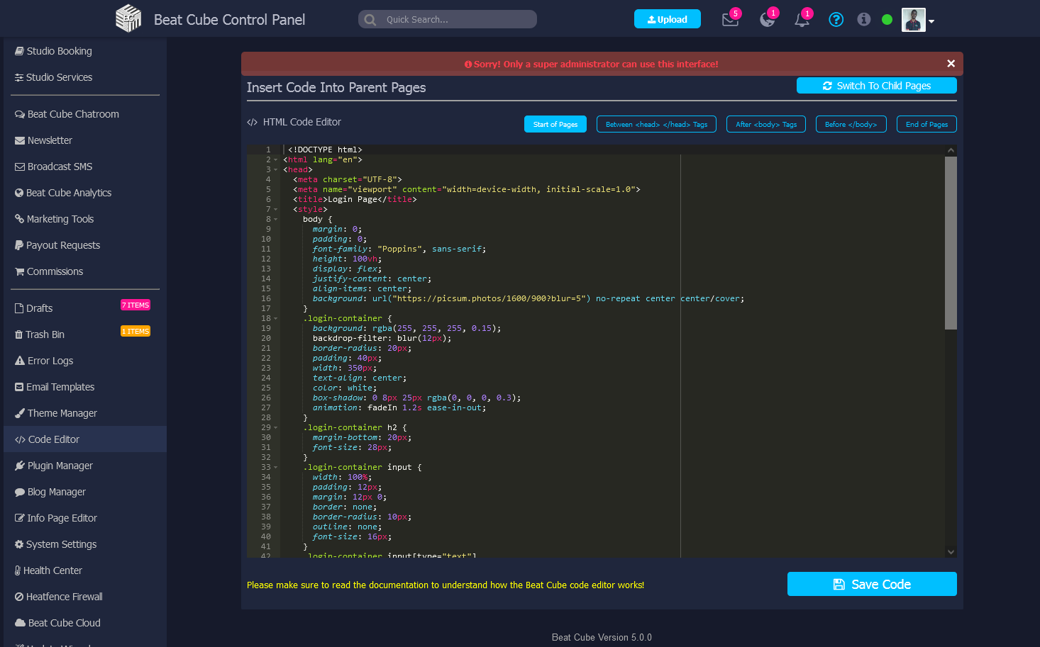 Beat Cube's Code editor