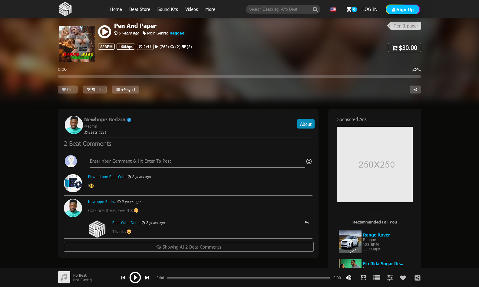 Beat Cube's dark theme beat page